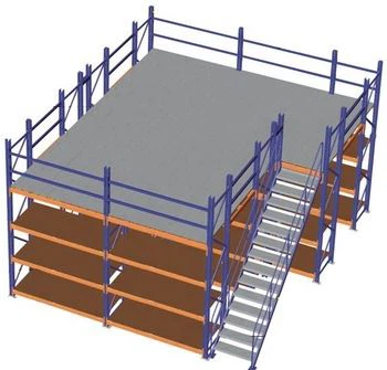 Warehouse mezzanine racking support floor with stairs and safety handrails